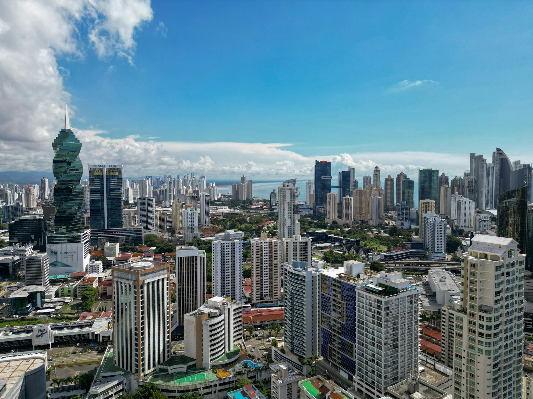 A high-rise skyline view of Panama City showing its vibrant, modern architecture